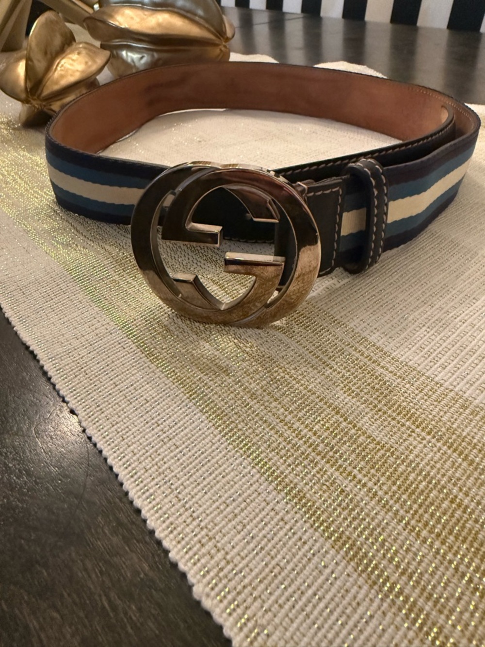 Gucci Blue, Cream & Navy Striped Leather Belt with Gold GG Buckle